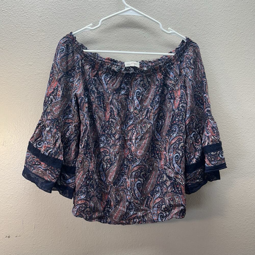 Solitaire Anthropologie Top Floral 3/4 Balloon Sleeve Crochet Lace Blouse Boho M